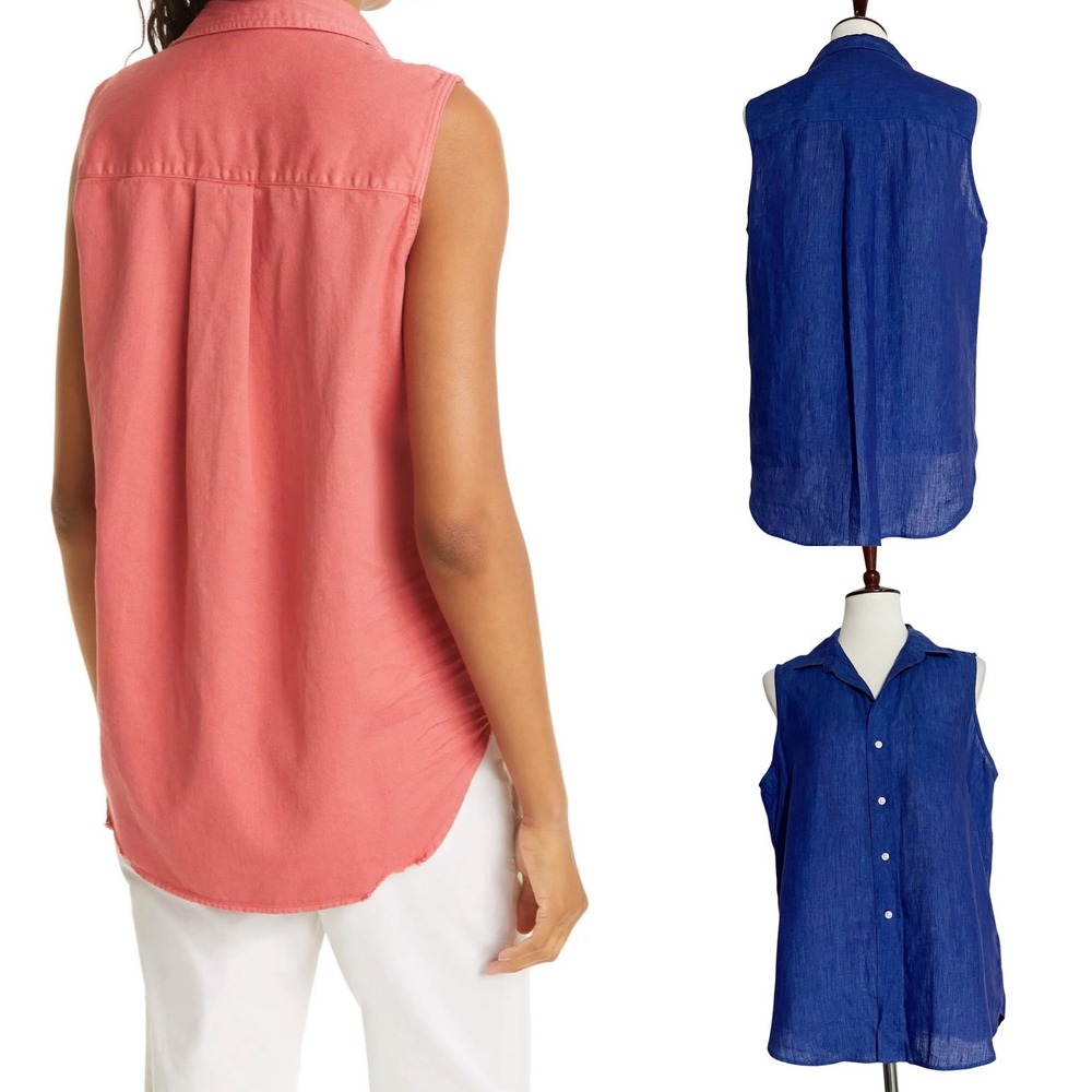 Frank & Eileen Fiona Royal Blue 100% Linen Sleeveless Button Up Shirt Large - Picture 2 of 13